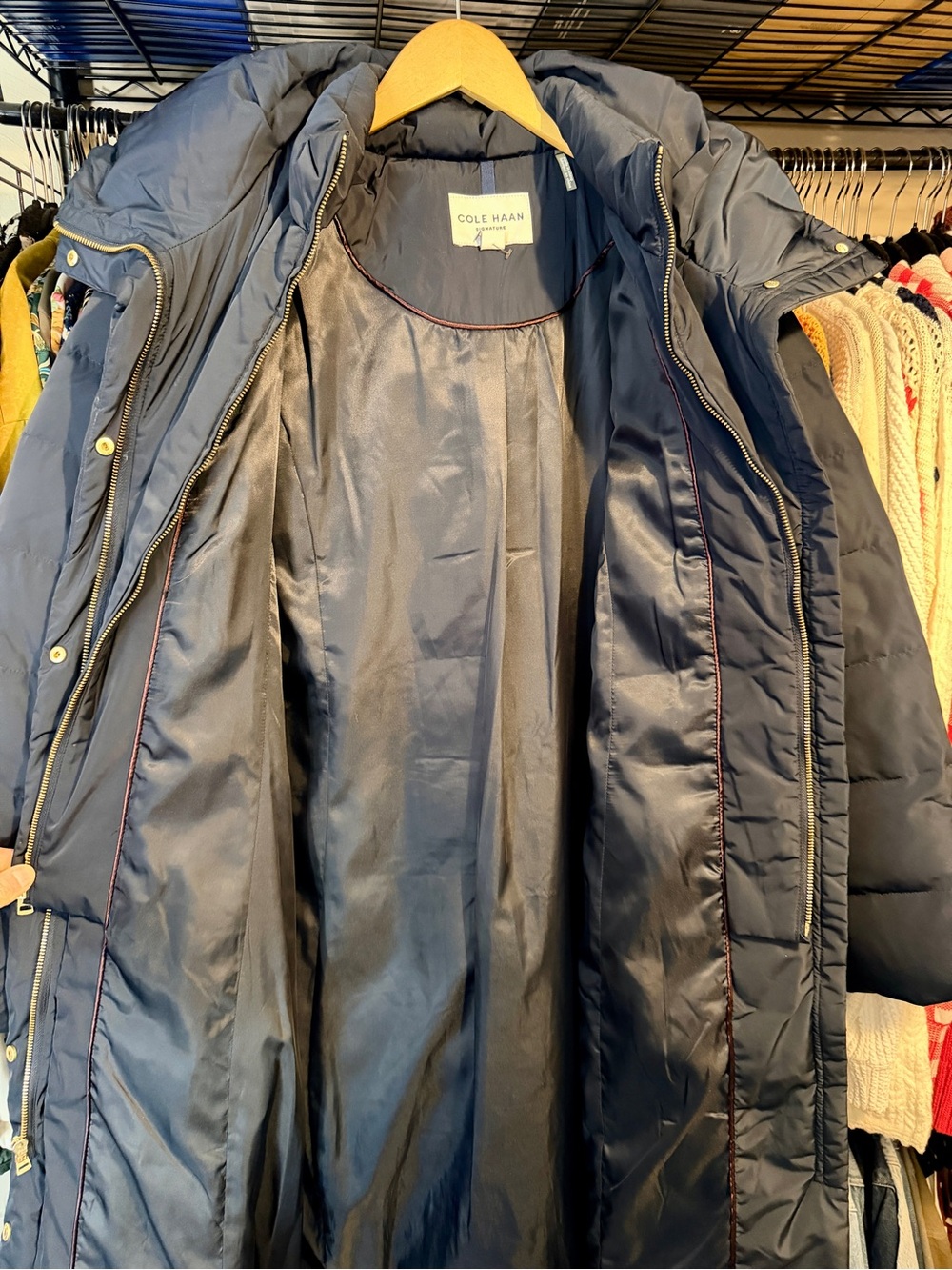 Cole Haan Slate Blue Quilted Long Puffer Coat with Hood - Picture 9 of 13
